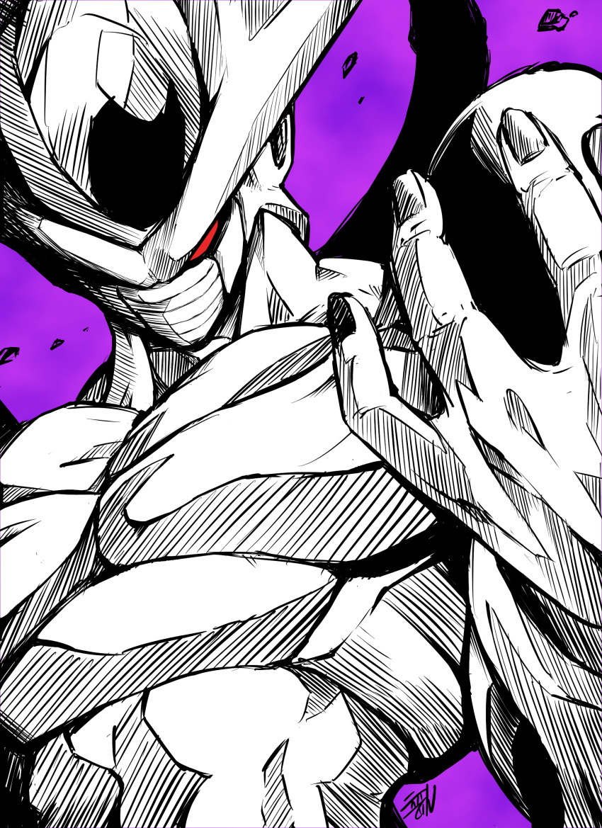 1boy absurdres arm_up chinese_commentary colored_sclera commentary_request cooler_(dragon_ball) cooler_(fifth_form)_(dragon_ball) dragon_ball dragonball_z gem highres liedein looking_at_viewer male_focus mask mouth_mask muscular muscular_male no_pupils partially_colored purple_background red_eyes red_sclera signature solo