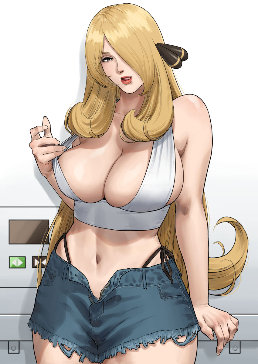 1girl absurdres blonde_hair breasts cleavage collarbone cowboy_shot crop_top cutoffs cynthia_(pokemon) denim denim_shorts game_freak hair_ornament hair_over_one_eye highres large_breasts long_hair looking_at_viewer midriff navel nintendo open_fly panties pokemon pokemon_dppt pulling_own_clothes red_lips short_shorts shorts side-tie_panties skindentation solo stomach strap_pull thong tongue underwear very_long_hair wasabishouyu whale_tail_(clothing)