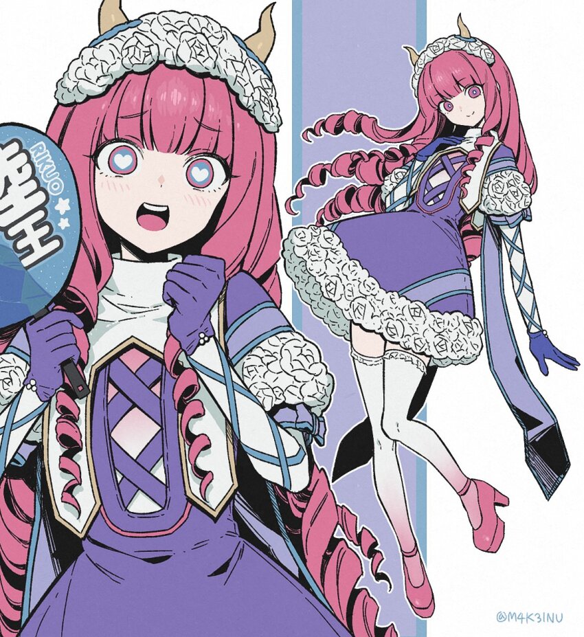 1girl 2025 20s adk-em artist_name bandai bandai_namco blue_eyes bouquet_(no.1_sentai_gozyuger) byakuya_rikuou character_name cheering dress drill_hair full_body hand_fan heart heart-shaped_pupils high_heels highres holding holding_fan long_hair m4k3inu multiple_views no.1_sentai_gozyuger pink_eyes pink_hair pink_shoes purple_dress shoes simple_background super_sentai symbol-shaped_pupils thighhighs toei_company tokusatsu translated tv_asahi white_background white_thighhighs