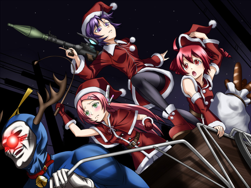 1other 3girls arm_up baguette belt black_pantyhose blush bread breasts brown_belt capelet christmas closed_mouth commentary_request doraemon doraemon_(character) dress drill_hair food fur-trimmed_capelet fur-trimmed_headwear fur_trim hat holding holding_weapon kasane_teto long_sleeves momone_momo multiple_girls night night_sky open_mouth pantyhose parted_bangs pom_pom_(clothes) power_lines purple_eyes purple_hair red_capelet red_hair red_hat rocket_launcher rpg_(weapon) sack santa_costume santa_dress santa_hat sky sleeveless sleeveless_dress small_breasts standing star_(sky) teeth tk28 twin_drills upper_teeth_only utane_uta utau utility_pole weapon white_pantyhose