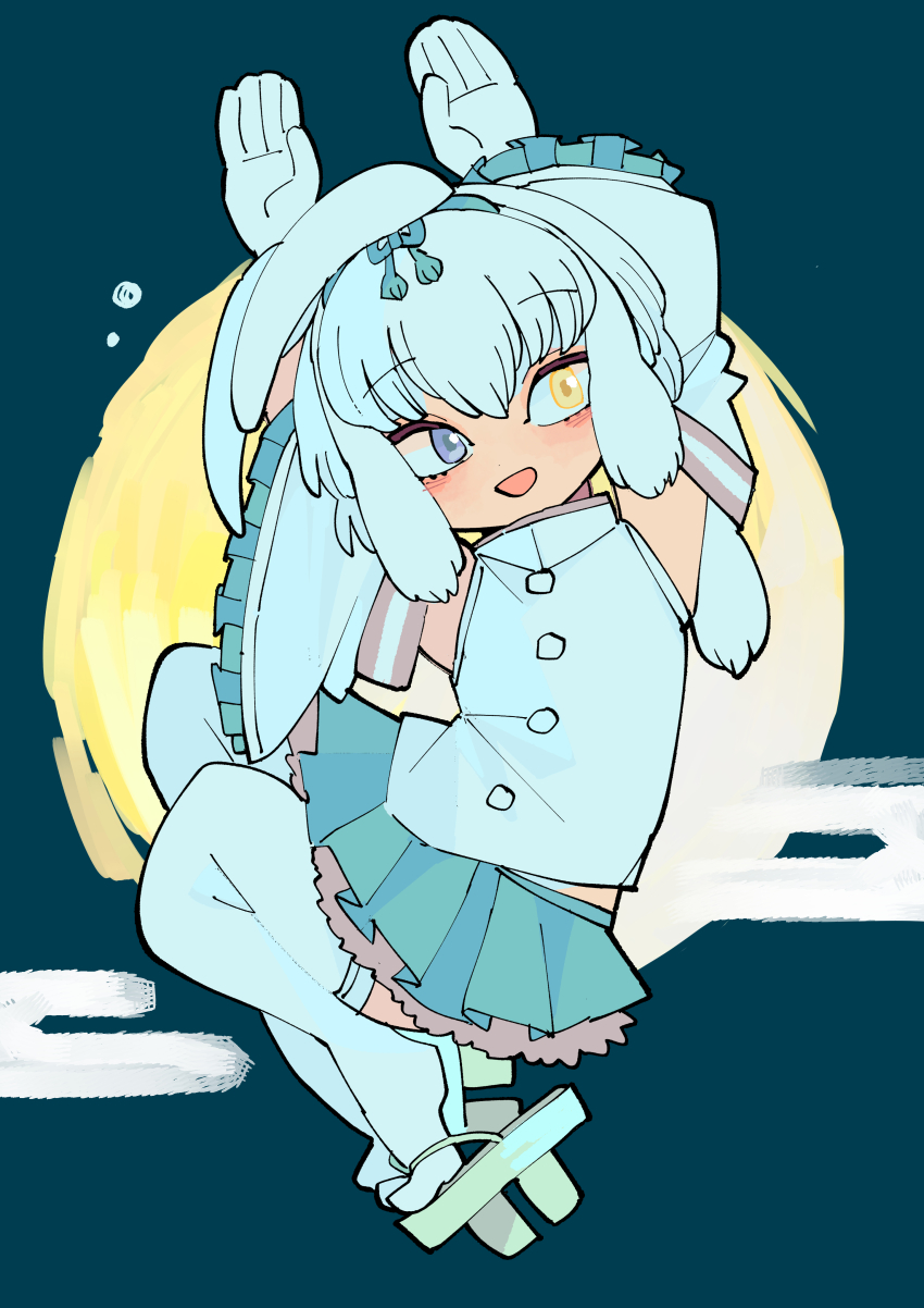 1girl absurdres animal_ears blue_eyes elbow_gloves extra_ears full_moon geta gloves heterochromia highres jumping kanmoku-san kemono_friends kneehighs long_hair looking_at_viewer moon night night_sky rabbit_ears rabbit_girl ribbon shirt skirt sky sleeveless sleeveless_shirt socks solo tsukuyomi_shinshi_(kemono_friends) white_hair yellow_eyes