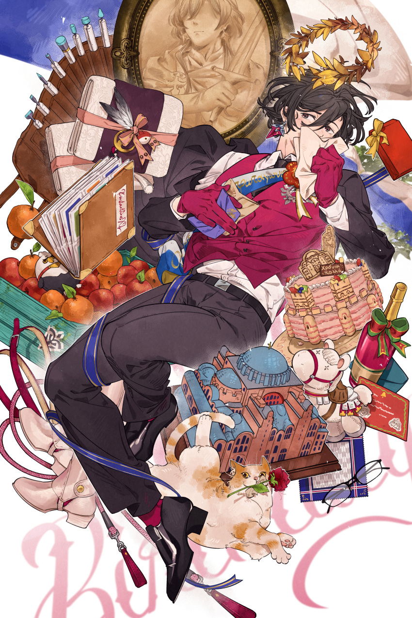 1boy absurdres apple belt black_belt black_jacket black_pants blueberry box brown_eyes cake cat constantine_xi_(fate) earrings fate/grand_order fate_(series) flower flower_in_mouth food fruit gift gift_box gloves green_ribbon hair_between_eyes happy_birthday highres holding holding_letter jacket jewelry kiwi_(fruit) kiwi_slice laurel_crown letter long_sleeves male_focus mouth_hold napkin orange_(fruit) pants photo_album pink_vest portrait_(object) red_gloves red_socks ribbon sash shirt shooou_0104 short_hair socks solo strawberry stuffed_animal stuffed_horse stuffed_toy vest white_shirt yellow_ribbon