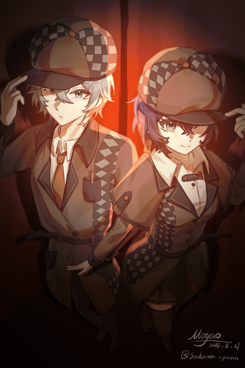 1boy 1girl absurdres adjusting_clothes adjusting_headwear alternate_costume belle_(zenless_zone_zero) belt black_belt black_jacket black_pants black_shoes black_skirt black_thighhighs blue_eyes blue_hair breast_pocket brother_and_sister brown_hat checkered_hat closed_mouth collared_shirt from_above grey_hair hat highres jacket moyaoyaoyaoyao_r necktie object_in_pocket orange_necktie pants pen_in_pocket pocket procreate_(medium) shirt shoes short_hair siblings skirt smile standing thighhighs white_shirt wise_(zenless_zone_zero) zenless_zone_zero