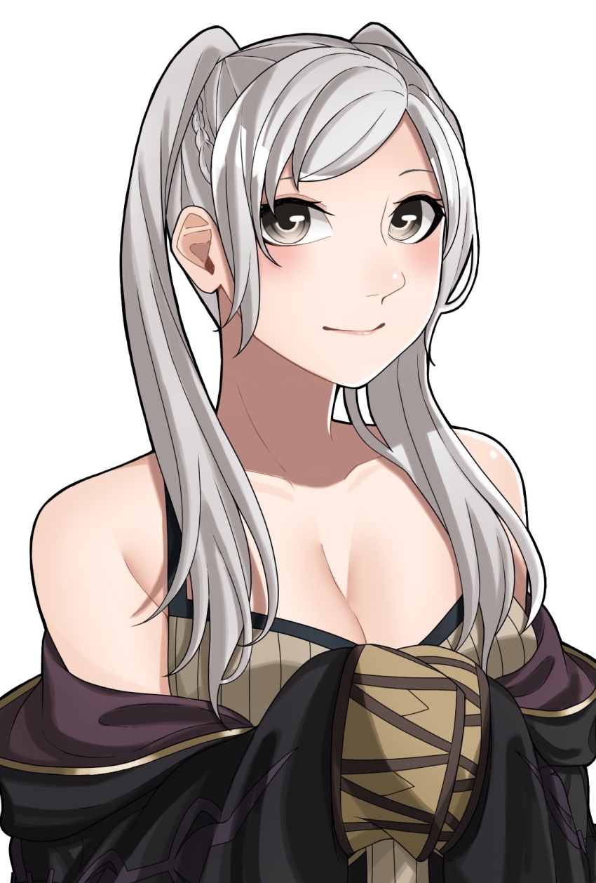 1girl ao_saryaruhu armpit_crease bare_shoulders black_coat breasts brown_eyes cleavage coat collarbone eyelashes female_focus fire_emblem fire_emblem_awakening hands_up happy highres hood hooded_coat lips long_hair long_sleeves looking_at_viewer looking_to_the_side medium_breasts neck nintendo off-shoulder_coat off_shoulder robin_(female)_(fire_emblem) robin_(fire_emblem) shirt sidelocks simple_background sleeveless sleeveless_shirt smile swept_bangs twintails upper_body white_background white_hair wide_sleeves