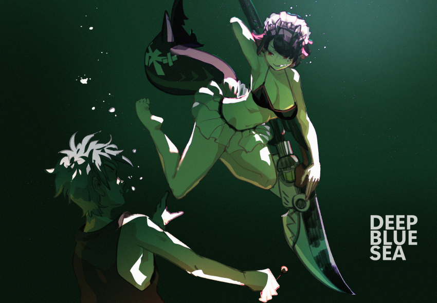 1boy 1girl air_bubble arm_up armpits barefoot bikini bikini_skirt black_hair breasts bubble deep_blue_sea diving ellen_joe fins fish_tail freediving grey_hair hairband highres holding holding_breath holding_polearm holding_weapon large_breasts long_tail looking_at_another maid_headdress metal_hairband multicolored_hair parody parted_bangs polearm red_eyes red_hair scene_reference shark_tail shirt short_hair sleeveless sleeveless_shirt spiked_headband spikes submerged swimsuit tail toes two-tone_hair underwater weapon yoruniyoruyoshi zenless_zone_zero