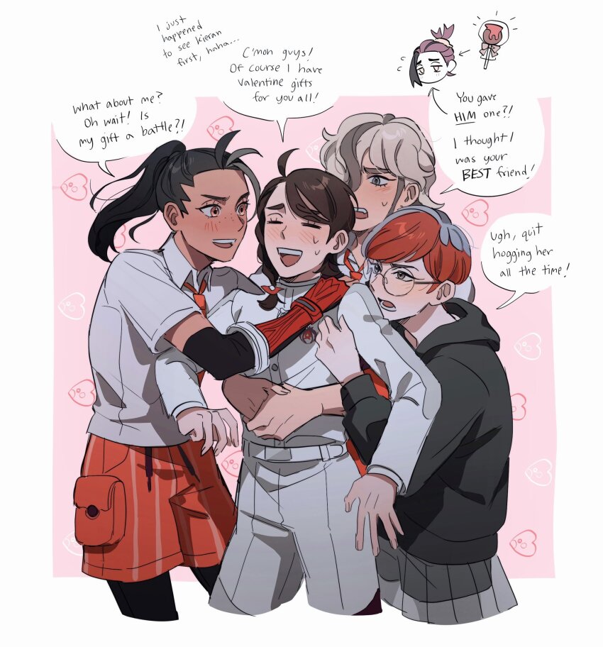 1boy 3girls :d arrow_(symbol) arven_(pokemon) black_hair black_hoodie black_pantyhose blueberry_academy_school_uniform blush brown_hair buttons chibi chibi_inset closed_eyes commentary english_text gen_3_pokemon glasses hair_over_one_eye heart highres hood hoodie jacket juliana_(pokemon) kieran_(pokemon) luvdisc multicolored_hair multiple_girls necktie nemona_(pokemon) nintendo open_mouth orange_necktie orange_shorts pantyhose penny_(pokemon) pleated_skirt pokemon pokemon_sv ponytail round_eyewear school_uniform see-through_clothes see-through_skirt seirorath shirt short_sleeves shorts skirt smile speech_bubble sweat teeth two-tone_hair upper_teeth_only