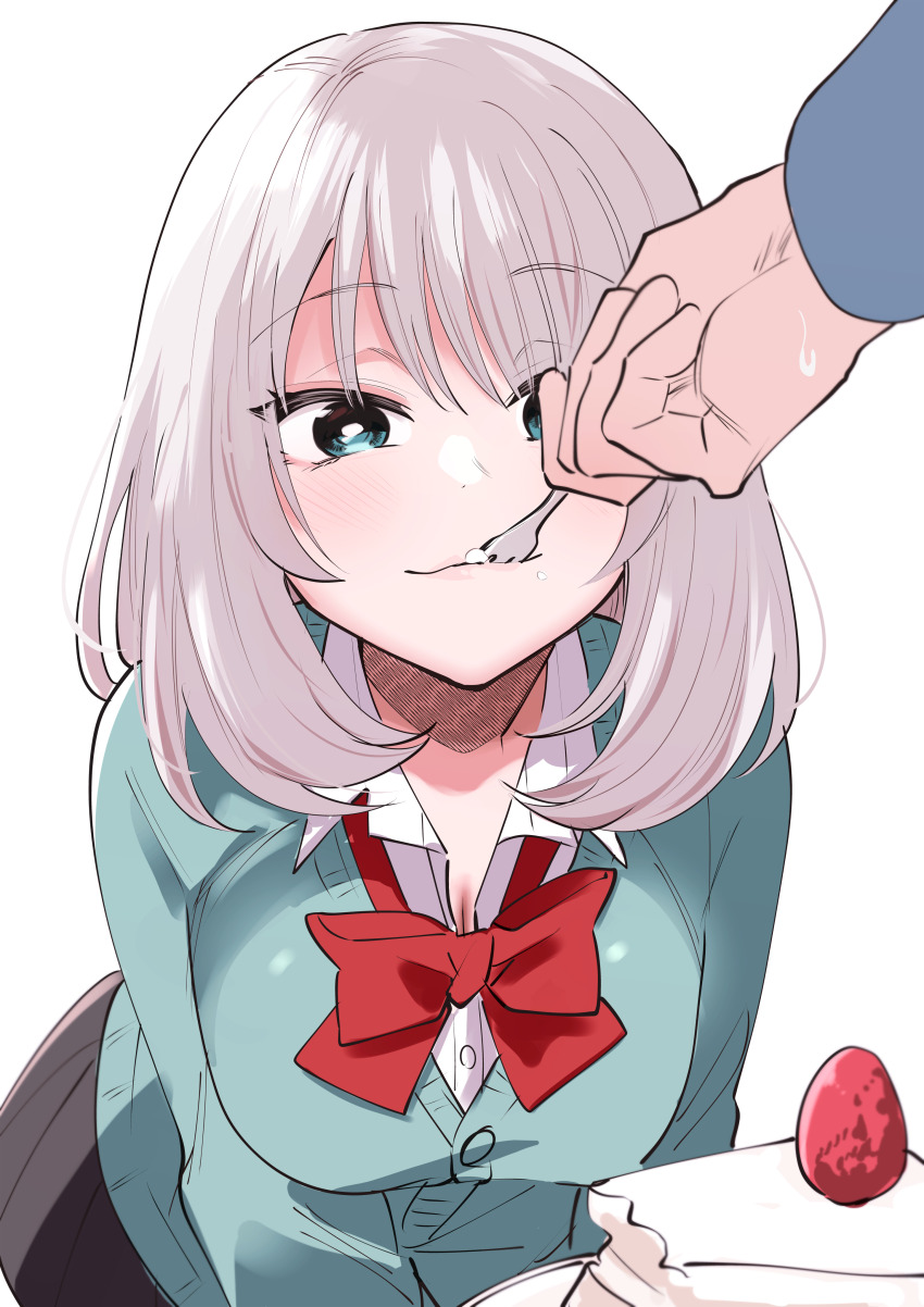 1girl absurdres azu_(azu401) bad_id breasts cake cake_slice cleavage eating food green_eyes grey_hair highres tejina_senpai tejina_senpai_(series) utensil_in_mouth white_background