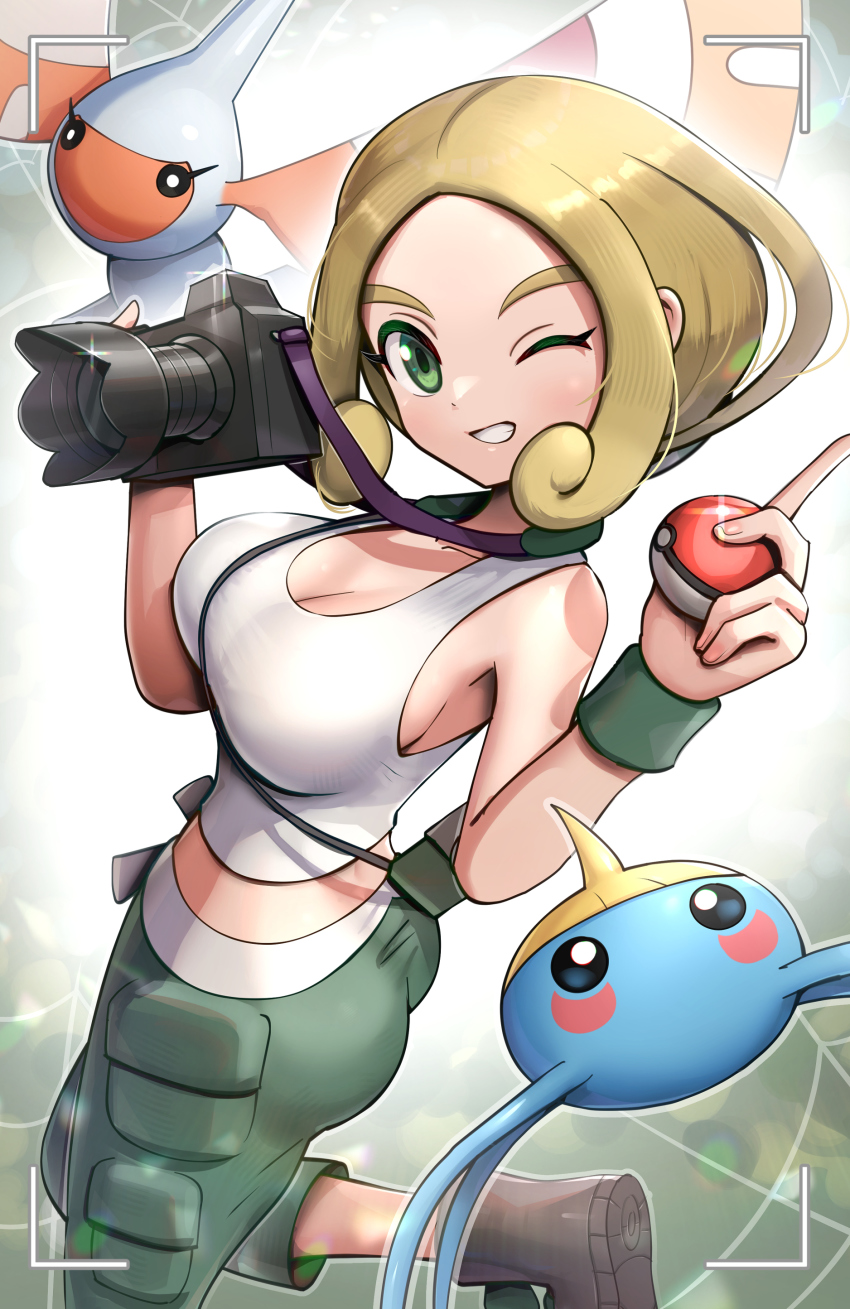 1girl absurdres ass blonde_hair boots breasts bug camera cargo_pants cleavage dot_nose dutch_angle from_side gen_3_pokemon glint gonzarez green_eyes green_pants grin highres holding holding_camera holding_poke_ball index_finger_raised insect large_breasts looking_at_viewer looking_to_the_side masquerain midriff moth nintendo one_eye_closed pants poke_ball poke_ball_(basic) pokemon pokemon_(creature) pokemon_xy short_hair silk smile spider_web standing standing_on_one_leg strap surskit tank_top viewfinder viola_(pokemon) white_tank_top wristband