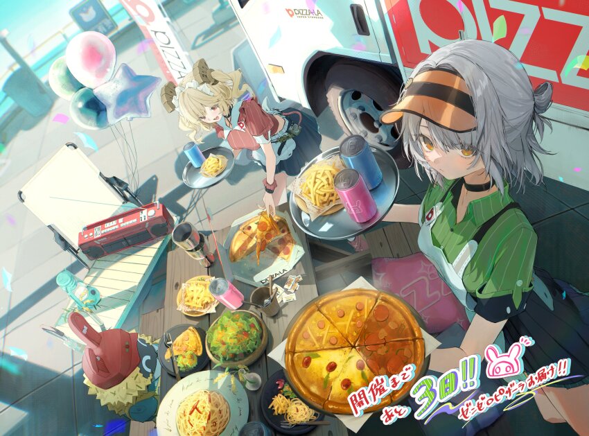 2girls absurdres anby_demara anby_demara_(operation_yum_2025) bangboo_(zenless_zone_zero) black_skirt blonde_hair burnice_white can commentary_request food food_truck french_fries green_shirt grey_hair harui_(hr_x9_) highres looking_at_viewer miniskirt multiple_girls official_art pasta pizza pizza-la pleated_skirt red_eyes red_shirt salad shirt skirt spaghetti table translation_request tray twintails visor_cap waitress wooden_table yellow_eyes zenless_zone_zero