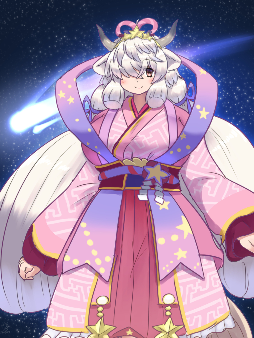 1girl black_horns breasts bridle chinese_clothes cosplay extra_ears grey_horns hagoromo hair_over_one_eye hanfu highres horns huge_breasts japanese_clothes kemono_friends kemono_friends_3 kimono looking_at_viewer milky_way mo23 multicolored_horns orihime_(tanabata) orihime_(tanabata)_(cosplay) ox_ears ox_girl ox_horns ox_tail pink_kimono sash shawl sky smile solo star_(sky) starry_sky tanabata wide_sleeves yak_(kemono_friends)