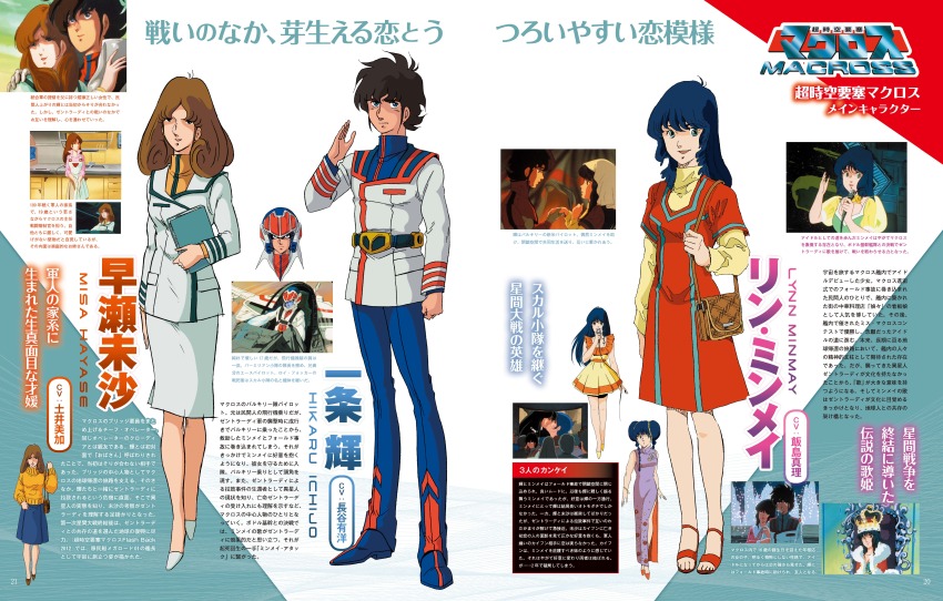 1980s_(style) 1boy 2girls absurdres anime_screenshot_inset bag china_dress chinese_clothes choujikuu_yousai_macross couple crown dress handbag hayase_misa helmet highres ichijou_hikaru lineart logo lynn_minmay machinery macross magazine_scan mikimoto_haruhiko military_uniform multiple_girls multiple_persona official_art oldschool pilot promotional_art retro_artstyle robotech salute scan science_fiction skirt traditional_media translation_request variable_fighter