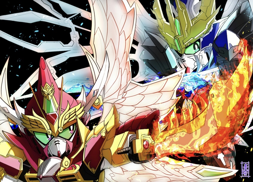 2boys armor bird cao_cao cao_cao_wing_gundam crossover green_eyes gundam gundam_x highres mecha multiple_boys name_connection no_humans phoenix rivalry robot sd_gundam sd_gundam_sangokuden sd_gundam_world_sangoku_soketsuden serious sousou_gundam sword v-fin weapon wing_gundam_zero_custom wings