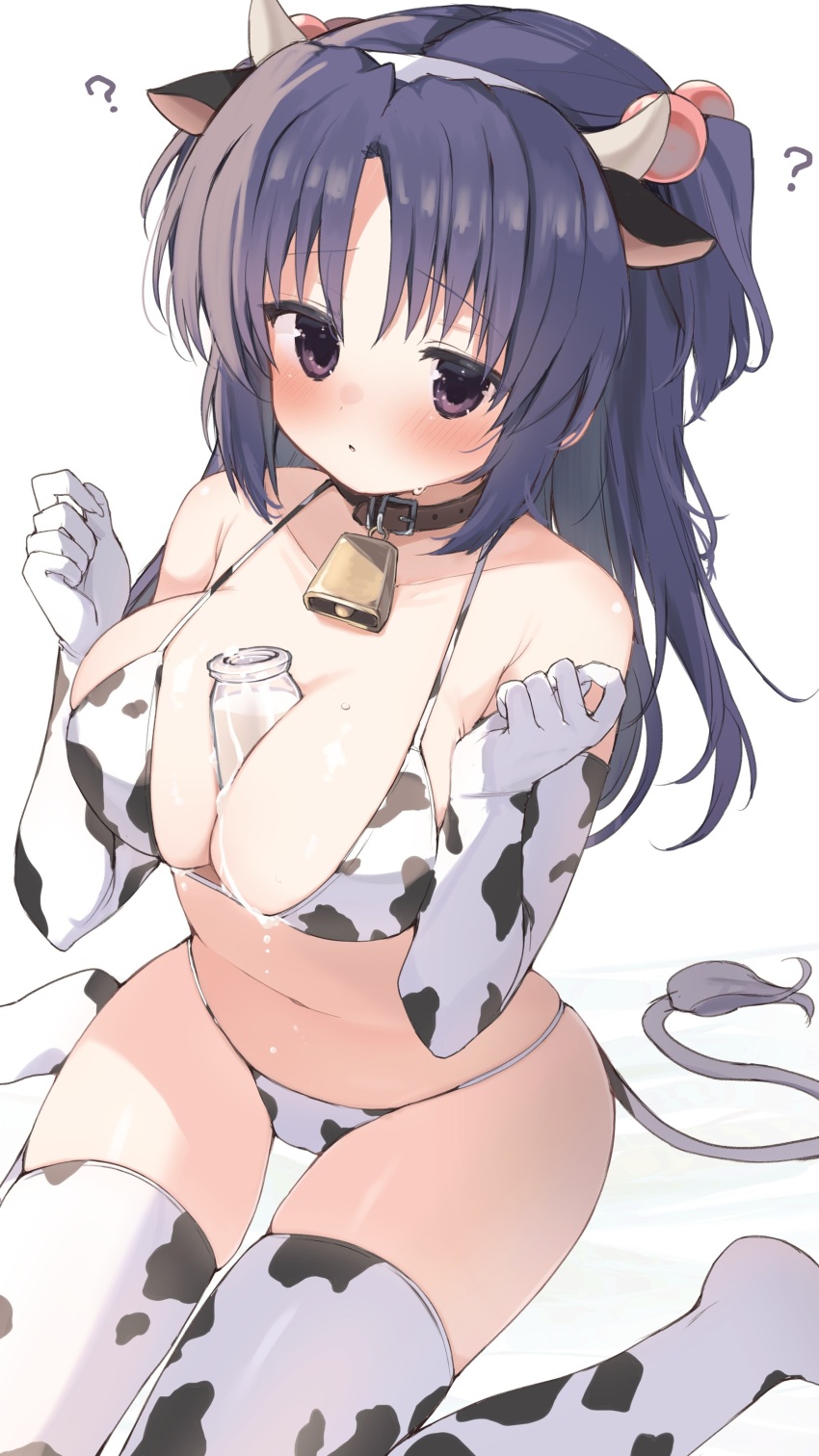 1girl ? absurdres alternate_costume animal_ear_hairband animal_ears animal_print armpit_crease bare_shoulders bell belt_collar bikini blue_hair blush bottle breasts clannad cleavage clenched_hands clueless collar collarbone commentary_request commission cow_ears cow_horns cow_print cow_print_bikini cow_print_gloves cow_print_thighhighs cow_tail cowbell curvy elbow_gloves fake_animal_ears fake_horns fake_tail glass_bottle gloves hair_between_eyes hair_bobbles hair_ornament hairband halterneck hands_up highres horns ichinose_kotomi knees_out_of_frame large_breasts long_hair looking_at_viewer milk milk_bottle navel neck_bell no_shoes parted_lips print_bikini print_gloves print_thighhighs purple_eyes raised_eyebrows sexually_suggestive simple_background sitting skeb_commission skindentation solo sweatdrop swimsuit tail takepoison thighhighs thighs two_side_up wariza white_background white_bikini white_hairband white_thighhighs