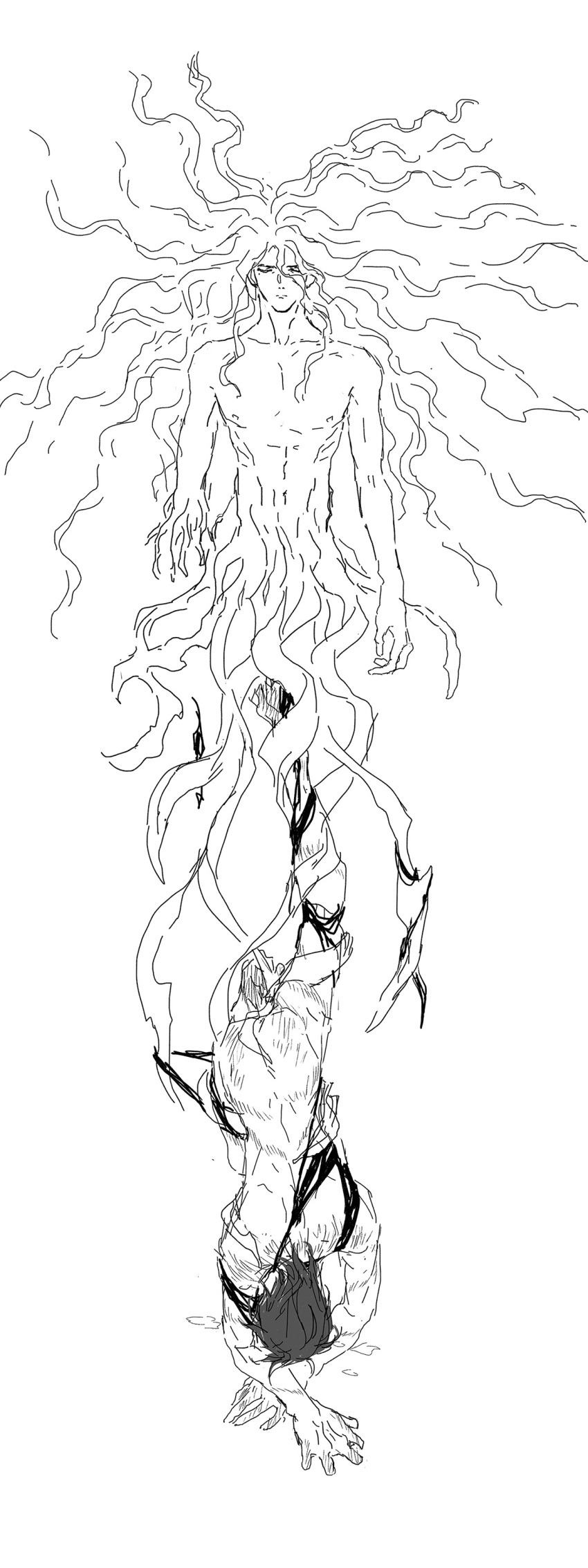 2boys absurdly_long_hair absurdres aidonotknow all_fours anal closed_eyes completely_nude consensual_tentacles cum cum_on_floor expressionless grey_hair greyscale hatching_(texture) highres implied_penetration legato_bluesummers legs_apart long_hair male_focus millions_knives monochrome multiple_boys nude restrained short_hair sketch sleep_molestation tentacle_hair tentacle_sex tentacles tentacles_on_male trigun unconscious very_long_hair yaoi
