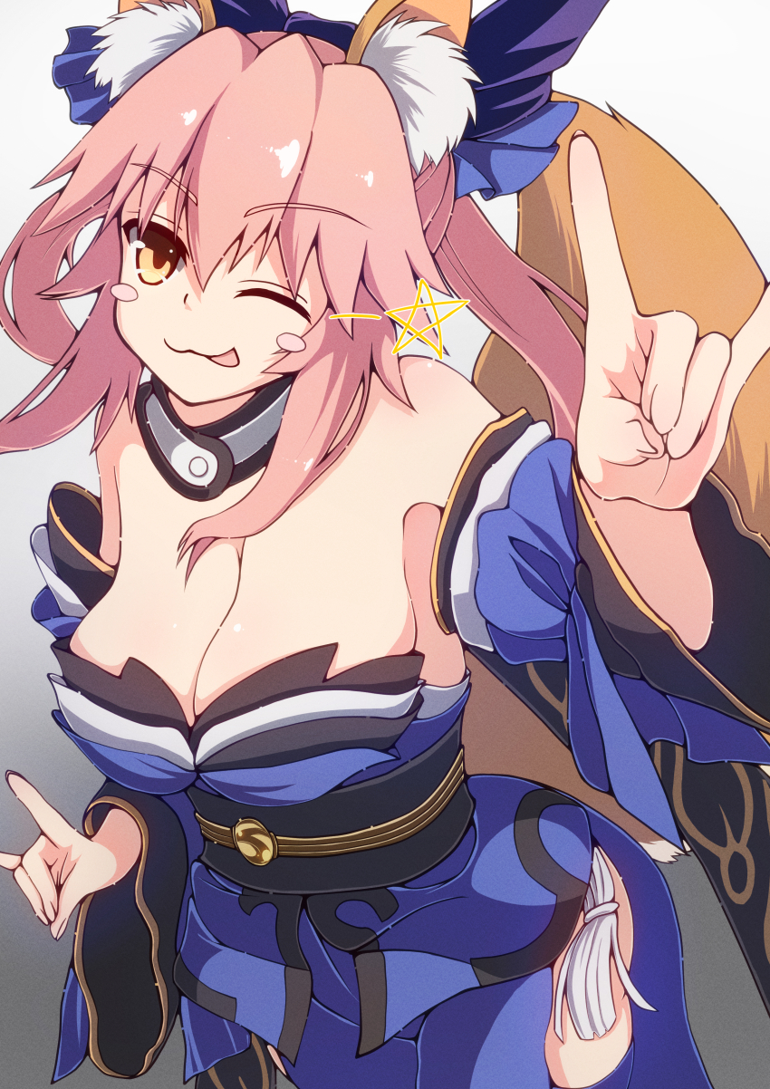 1girl absurdres animal_ear_fluff animal_ears bare_shoulders blue_bow blue_kimono bow breasts cleavage detached_collar detached_sleeves fate/extra fate/grand_order fate_(series) fox_ears fox_girl fox_shadow_puppet fox_tail hair_between_eyes hair_bow highres japanese_clothes kimono large_breasts long_hair looking_at_viewer obi one_eye_closed peisuto pink_hair sash sidelocks smile solo tail tamamo_(fate) tamamo_no_mae_(fate/extra) thighs tongue tongue_out twintails wide_sleeves yellow_eyes