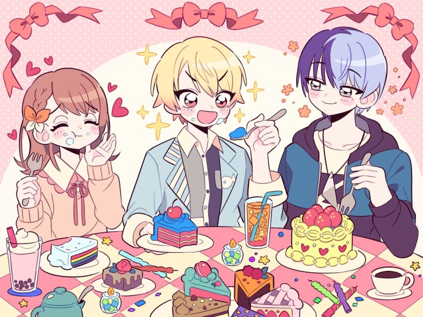1girl 2boys aoyagi_touya aqua_jacket black_jacket black_outline black_shirt blazer blonde_hair blue_hair blush_stickers bow braid brown_hair bubble_tea buttons cake cake_slice candle candlelight candlestand cherry chewing chocolate_cake chocolate_syrup closed_mouth coaster coffee collarbone collared_shirt colored_tips cup dark_blue_hair drink drinking_glass drinking_straw eyelashes flower food food_on_face fork frilled_shirt_collar frills fruit furrowed_brow gradient_hair grey_eyes grey_shirt hair_bow half-closed_eyes hanasato_minori happy heart height_difference holding holding_fork holding_plate hood hood_down hooded_jacket ice ice_cube jacket jewelry jitome lapels light_blue_hair light_blue_jacket looking_at_another macaron medium_hair mole mole_under_eye multicolored_hair multicolored_jacket multiple_boys neck_ribbon necklace open_mouth orange_bow orange_eyes orange_flower orange_hair orange_sweater outline pie pie_slice pink_background pink_ribbon piyonpi plate polka_dot polka_dot_background project_sekai rainbow_cake red_ribbon ribbon saucer shirt short_braid side_braid simple_background single_braid smile sparkle split-color_hair spoon sprinkles strawberry sugar_bowl sweater swept_bangs table tablecloth teacup tenma_tsukasa tsurime two-tone_bow two-tone_hair two-tone_jacket two-tone_shirt whipped_cream white_bow white_shirt wide-eyed