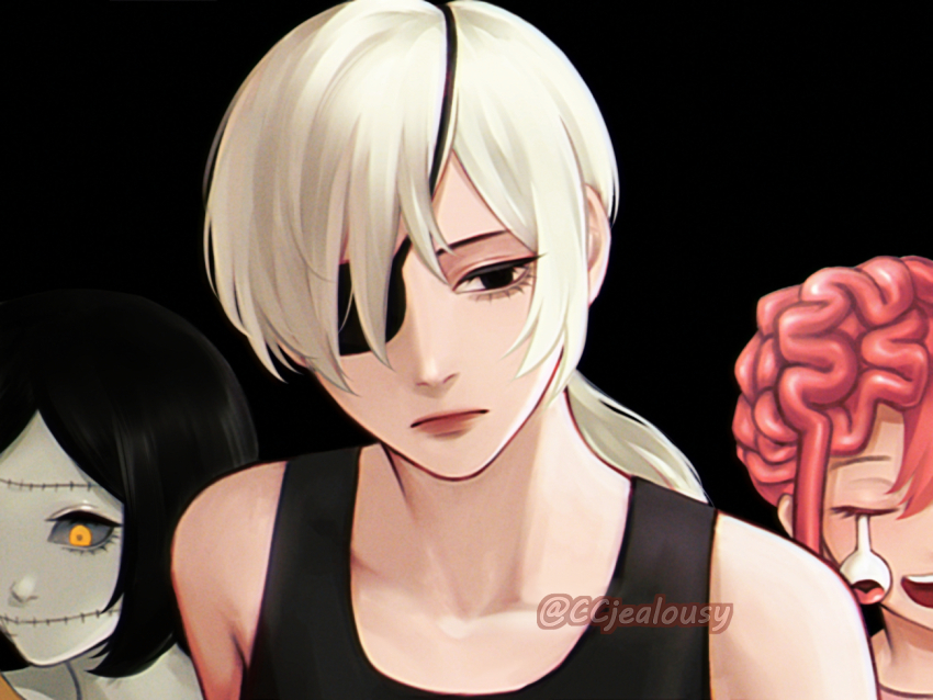 3girls black_background black_eyes black_hair black_sclera black_tank_top brain brown_lips chainsaw_man collarbone colored_sclera colored_skin cosmo_(chainsaw_man) czy_(2894456992) dangling_eye exposed_brain eyepatch frown grey_skin low_ponytail multiple_girls open_mouth orange_eyes ponytail quanxi_(chainsaw_man) red_hair smile stitched_mouth stitches tank_top tsugihagi_(chainsaw_man) twitter_username white_hair