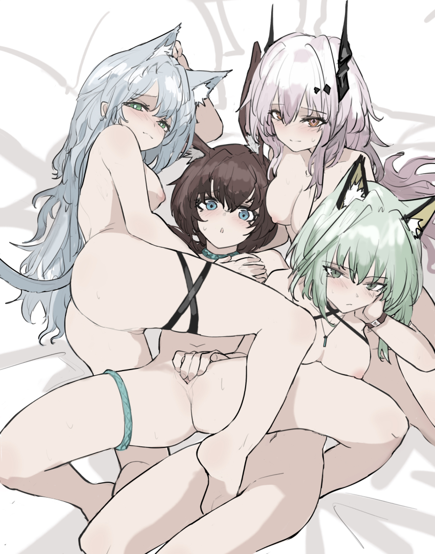 4girls :o absurdres amiya_(arknights) animal_ears arknights ass bed_sheet between_labia blue_eyes blue_hair blush breasts bright_pupils brown_hair cat_ears cat_tail choker completely_nude foot_on_pussy grabbing_another&#039;s_breast green_eyes green_hair groping harem_outfit highres horns jewelry kal&#039;tsit_(arknights) legband long_hair looking_at_viewer lying multiple_girls necklace nipples nude on_bed pink_eyes pink_hair presenting pussy rabbit_ears revision rosmontis_(arknights) smile spread_legs spread_pussy spreading_another&#039;s_pussy sweatdrop tail theresa_(arknights) uncensored watch whate=3r white_pupils wristwatch