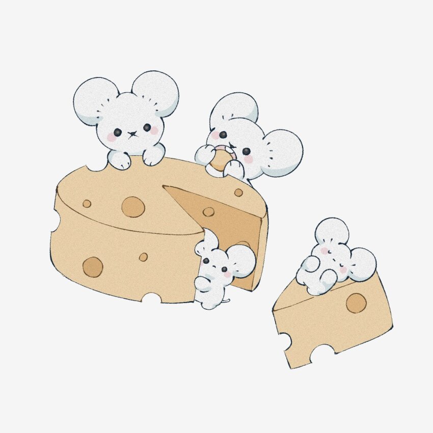 black_eyes blush blush_stickers cheese cheese_wheel closed_eyes commentary food highres holding holding_food looking_at_viewer lying maushold maushold_(family_of_four) nintendo no_humans on_side pokemon pokemon_(creature) simple_background sleeping solid_circle_eyes sumi_fms swiss_cheese symbol-only_commentary u_u white_background