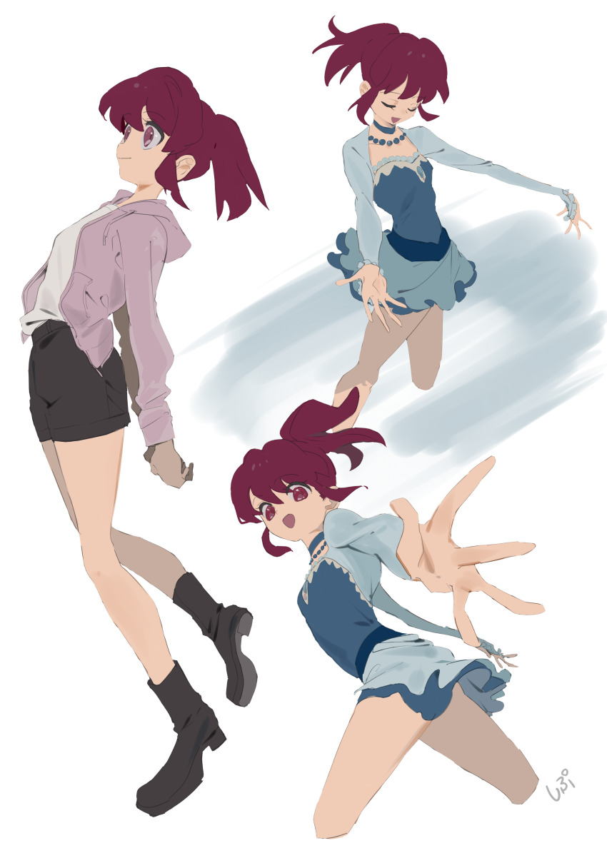 1girl absurdres aino_megumi arms_behind_back bare_legs bead_necklace beads black_boots black_skirt blue_choker blue_leotard blue_skirt boots choker closed_eyes closed_mouth cropped_torso dancing floating_hair frilled_sleeves frills full_body hair_between_eyes happinesscharge_precure! high-waist_skirt highres hood hood_down hooded_jacket ice ice_skating interlocked_fingers jacket jewelry leotard long_sleeves looking_ahead looking_at_viewer miniskirt multiple_views necklace open_clothes open_jacket open_mouth outstretched_hand own_hands_together petticoat pink_eyes pink_hair pink_jacket ponytail precure shipu_(gassyumaron) shirt short_hair short_ponytail signature simple_background skating skirt sleeved_leotard smile tareme white_background white_shirt