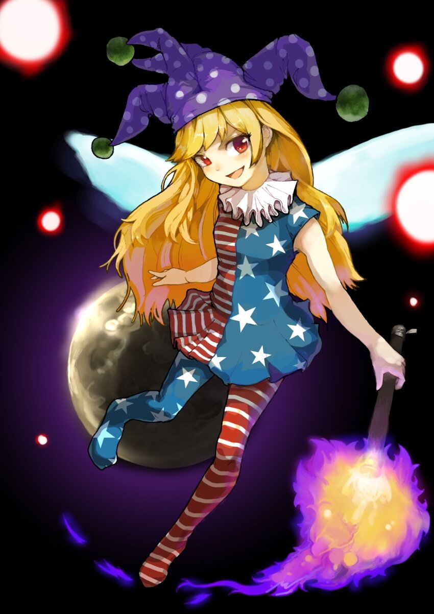 1girl american_flag american_flag_dress american_flag_legwear american_flag_print asymmetrical_legwear blonde_hair blue_pantyhose clownpiece danmaku dress fairy fairy_wings flag_print hat highres holding holding_torch jester_cap long_hair looking_at_viewer mismatched_legwear moon neck_ruff open_mouth pantyhose polka_dot polka_dot_headwear print_pantyhose purple_hat red_pantyhose sleeveless sleeveless_dress smile solo star_(symbol) star_print striped_clothes striped_dress striped_pantyhose torch touhou very_long_hair white_pantyhose wings yamame_jinja