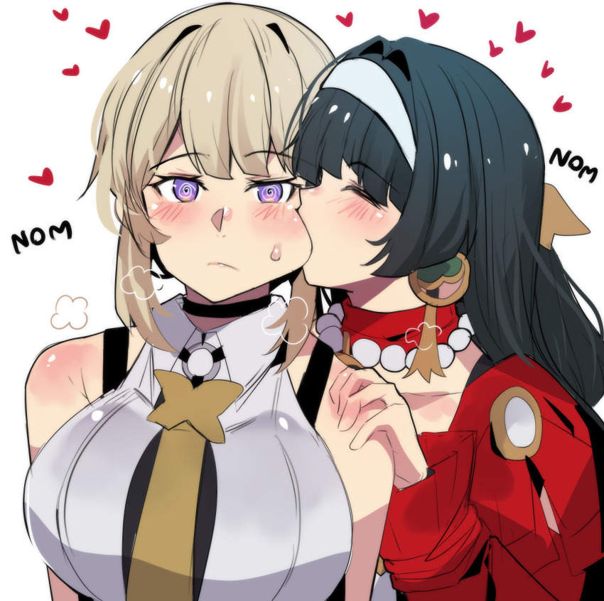 2girls @_@ absurdres astra_yao bare_shoulders bead_necklace beads black_hair blonde_hair blush commentary evelyn_chevalier hairband heart highres hinghoi jewelry long_sleeves multiple_girls necklace purple_eyes shirt sleeveless sleeveless_shirt upper_body white_background white_hairband white_shirt yuri zenless_zone_zero