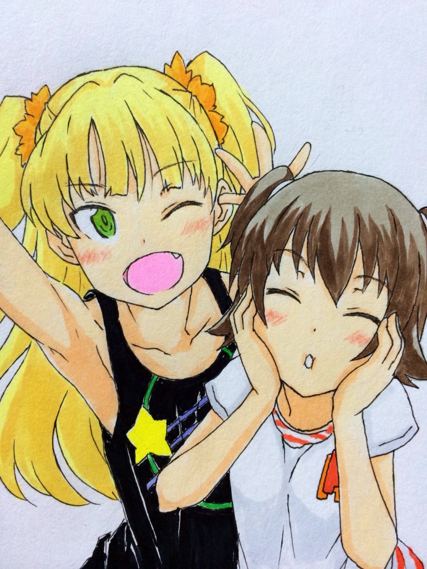 10s 2girls akagi_miria armpits blonde_hair blush brown_hair cheek_squash closed_eyes fang fujioka_(azunxan) green_eyes highres idolmaster idolmaster_cinderella_girls jougasaki_rika long_hair multiple_girls one_eye_closed scrunchie short_hair traditional_media two_side_up