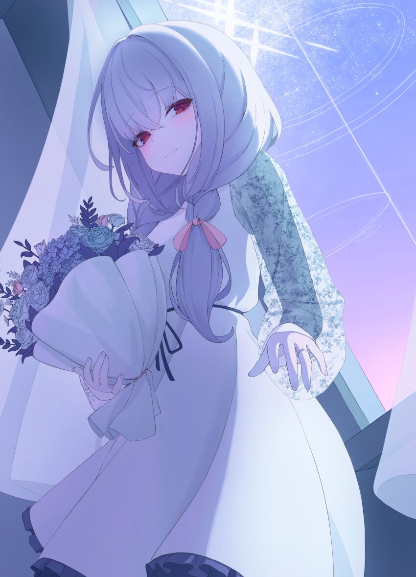 1girl absurdres astra_chichi atsuko_(blue_archive) backlighting blue_archive blue_sky blush bouquet bow braid bride closed_mouth commentary day dress feet_out_of_frame flower frilled_dress frills glint hair_between_eyes hair_bow halo happy highres holding holding_bouquet jewelry light_smile long_dress long_hair long_sleeves low_twin_braids outdoors pink_bow pink_flower purple_flower purple_hair red_eyes ring rose sky solo standing twin_braids wedding_ring white_dress white_flower white_halo white_rose