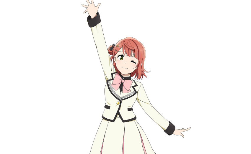 1girl arm_up blunt_bangs blush bow bowtie braid braided_bun bun_with_braided_base closed_mouth cowboy_shot fortissimo future_parade_(love_live!) hair_bun hair_ornament hairclip half_updo highres jacket long_sleeves looking_at_viewer love_live! love_live!_nijigasaki_high_school_idol_club love_live!_school_idol_festival_2 medium_hair musical_note musical_note_hair_ornament official_art one_eye_closed pink_bow pink_bowtie pink_hair single_side_bun skirt smile solo standing swept_bangs transparent_background uehara_ayumu white_jacket white_skirt yellow_eyes