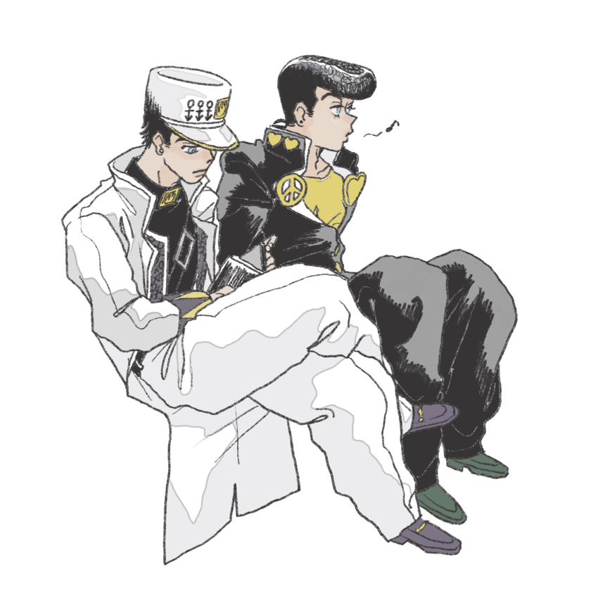 2boys aqua_eyes baggy_pants black_jacket book coat diamond_wa_kudakenai family gakuran green_shoes hat heart higashikata_josuke highres invisible_chair jacket jojo_no_kimyou_na_bouken kuujou_joutarou long_coat looking_at_object male_focus multiple_boys musical_note pants peace_symbol pompadour purple_shoes reading school_uniform shirt shoes sitting t_0nd uncle_and_nephew whistling white_background white_coat white_hat white_pants yellow_shirt