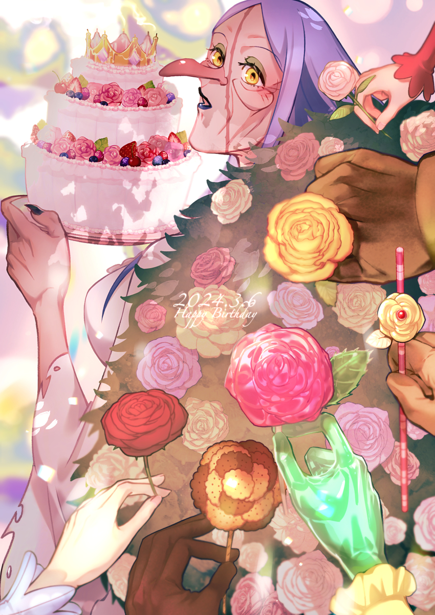 3girls 4boys :o absurdres affectionate birthday biscuit_(bread) brother_and_sister cake cake_stand candy charlotte_brulee charlotte_cracker charlotte_daifuku charlotte_flampe charlotte_oven charlotte_perospero charlotte_pudding cheekbones commentary_request crown dark-skinned_female dark_skin dated eyelashes facial_scar flower food giving_flower hand_size_difference happy_birthday highres holding holding_cake holding_candy holding_food large_hands layer_cake long_hair long_nose looking_at_viewer looking_back multiple_boys multiple_girls one_piece out_of_frame pink_flower red_flower red_rose rose rsk_rasukuman scar scar_on_cheek scar_on_face scar_on_forehead siblings sisters solo_focus tareme wrinkled_skin yellow_eyes