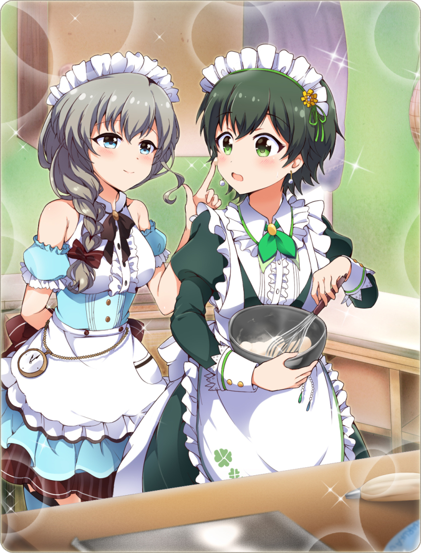 2girls 5p_(opi_32) apron arm_behind_back battle_girl_high_school black_ribbon blue_eyes blush bowl cooking earrings eyelashes finger_on_another&#039;s_head food food_on_face green_eyes green_hair green_ribbon grey_hair highres icing jewelry kitchen looking_at_another maid_headdress multiple_girls narumi_haruka open_mouth ribbon short_hair smile sparkle wakaba_subaru whisk white_apron yuri