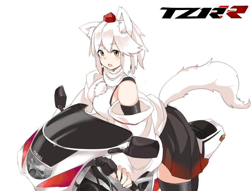 1girl animal_ear_fluff animal_ears black_skirt black_thighhighs blush breasts commentary_request cowboy_shot detached_sleeves hat highres houkai_(collapse_illust) inubashiri_momiji large_breasts looking_at_viewer motorcycle on_motorcycle open_mouth pom_pom_(clothes) red_hat red_skirt shirt short_hair simple_background skirt sleeveless sleeveless_shirt solo tail thighhighs tokin_hat touhou turtleneck turtleneck_shirt two-tone_skirt white_background white_hair white_shirt white_sleeves wolf_ears wolf_girl wolf_tail yamaha yamaha_tzr250
