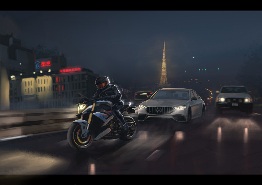 1other absurdres black_gloves black_jacket bmw building bus car commentary_request gloves helmet highres jacket leather leather_jacket license_plate mercedes-benz motor_vehicle motorcycle motorcycle_helmet night night_sky on_motorcycle original reflection riding road russian_commentary scenery sky sports_utility_vehicle tokyo_(city) tokyo_tower toyota vehicle_request white_car yukikaze_supersylph