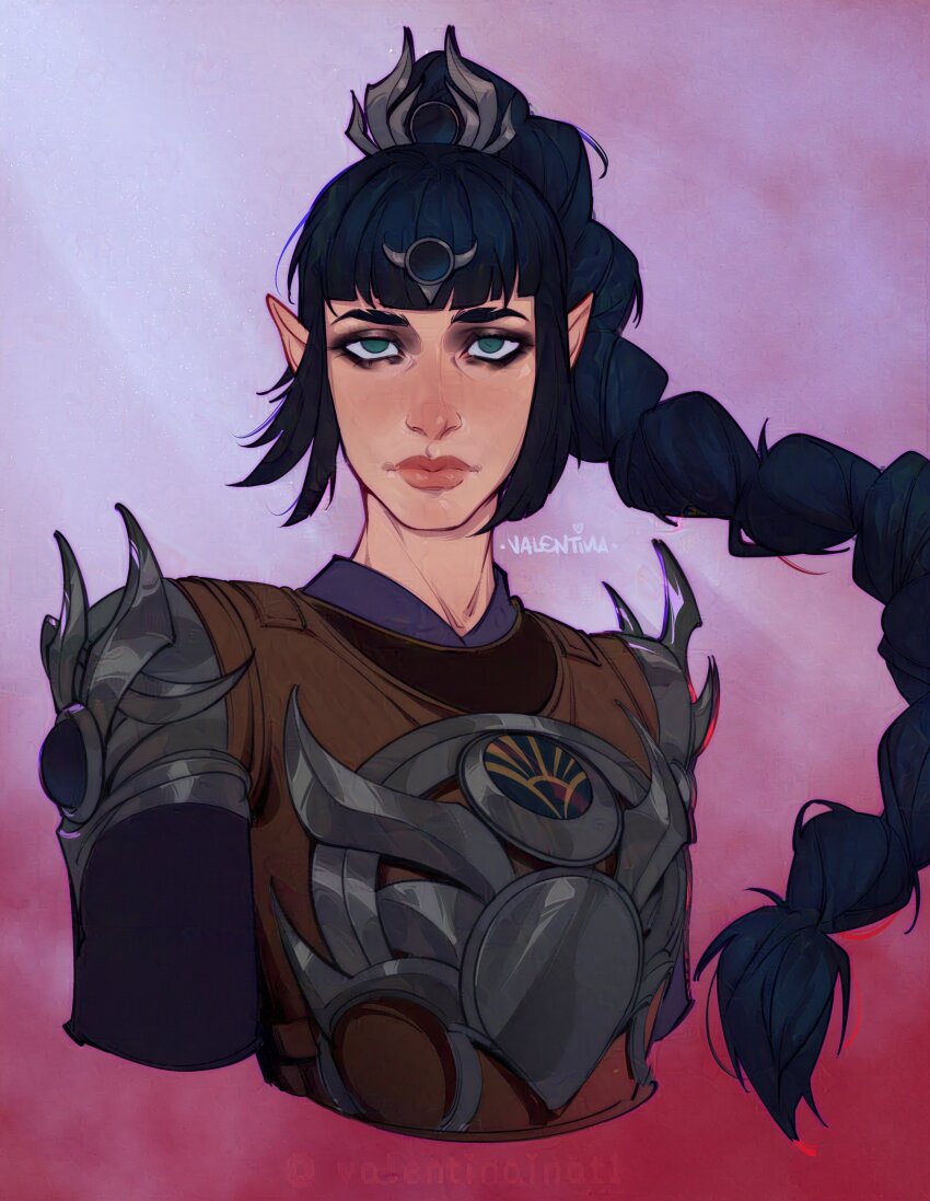 1girl absurdres artist_name baldur&#039;s_gate baldur&#039;s_gate_3 black_hair dungeons_&amp;_dragons dungeons_&amp;_dragons elf green_eyes highres long_hair looking_at_viewer pointy_ears shadowheart_(baldur&#039;s_gate) solo upper_body valentina_tavolilla