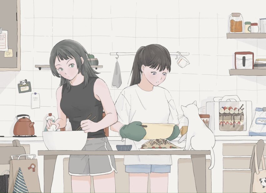 2girls bang_dream! bang_dream!_it&#039;s_mygo!!!!! bare_arms black_hair black_shirt blue_eyes blue_shorts brown_hair cactus cake cat chopsticks closed_mouth commentary cooking dolphin_shorts fish_(food) food grey_shorts hashtag-only_commentary holding holding_chopsticks i_love_lesbian indoors jar kettle kitchen long_hair measuring_cup mixing_bowl mole mole_under_eye multiple_girls oven_mitts parted_lips pastry_box ponytail purple_eyes shiina_taki shirt shorts sleeveless sleeveless_shirt soap_bottle white_cat yahata_umiri