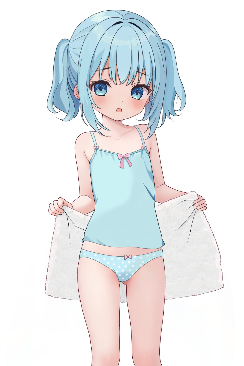 1girl absurdres aqua_eyes aqua_hair aqua_panties blush bow bow_panties female_focus highres holding holding_towel loli looking_at_viewer open_mouth original panties pink_bow polka_dot polka_dot_panties shirt solo standing totorin7124 towel twintails underwear white_background
