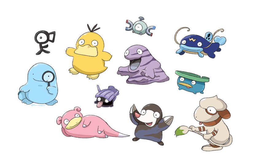 absurdres animal_focus beak bird claws closed_eyes drilbur duck fish full_body gen_1_pokemon gen_2_pokemon gen_3_pokemon gen_5_pokemon grimer highres holding holding_magnifying_glass lotad magnemite magnifying_glass mole nintendo open_mouth pokemon pokemon_(creature) pokemon_focus quagsire shellder simple_background slowpoke smeargle smile syan_san135 tail tongue tongue_out unown whiscash whiskers