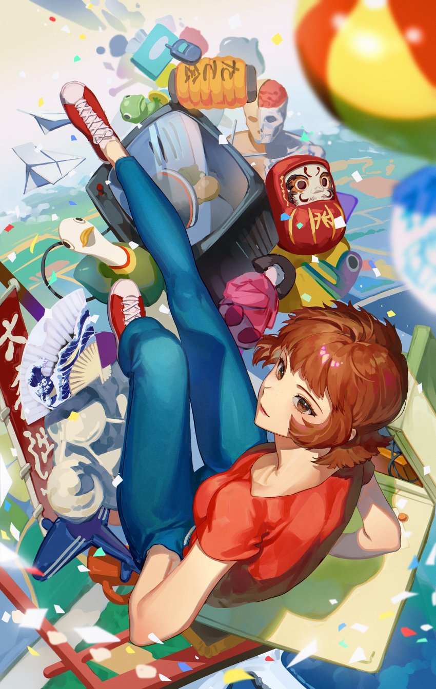 1girl aircraft airplane anatomical_model ball beachball bird blue_pants blurry brown_eyes brown_hair commentary_request confetti cup daruma_doll depth_of_field doll duck floating folding_fan frog from_above full_body hand_fan hand_in_pocket highres korean_commentary lantern mug pants paper_airplane paper_lantern paprika paprika_(character) red_shirt red_shoes shirt shoes short_hair short_sleeves smile sneakers solo television toy walkie-talkie zzom_b
