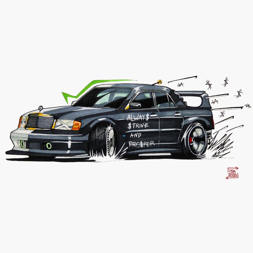 2022 absurdres car commentary drifting english_commentary grey_background highres ink_(medium) ish_babaria mercedes-benz mercedes-benz_190e motor_vehicle need_for_speed need_for_speed_unbound pen_(medium) shadow simple_background spoiler_(automobile) traditional_media vehicle_focus