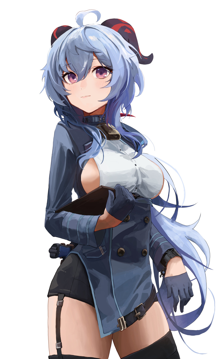 1girl :| absurdres ahoge ako_(blue_archive) ako_(blue_archive)_(cosplay) bell black_thighhighs blue_archive blue_gloves blue_hair blue_jacket blush breasts clipboard closed_mouth commentary cosplay english_commentary ganyu_(genshin_impact) garter_straps genshin_impact gloves goat_horns hair_between_eyes highres holding holding_clipboard horns jacket large_breasts light_blue_hair long_hair long_sleeves looking_at_viewer mbkona neck_bell open_clothes open_jacket pencil_skirt purple_eyes sideboob skirt solo thighhighs very_long_hair white_background