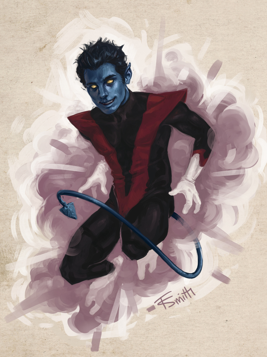 10s 1boy absurdres blue_hair blue_skin colored_skin felicia_smith gloves highres jumping male_focus marvel nightcrawler pointy_ears signature smile smoke solid_eyes solo tail teeth x-men yellow_eyes