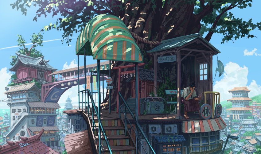 1boy absurdres air_conditioner bench black_hair book bridge brown_sandals cityscape commentary_request day glasses highres hokora_(shrine) lamppost male_focus mini_torii on_bench open_book original outdoors power_lines purple_skirt reading ryon40716441 sandals scenery shirt short_hair shrine sitting skirt sky solo stairs torii tree white_shirt