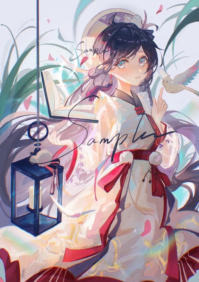 1girl animal animal_on_head argyle_clothes argyle_hat bird bird_on_head black_hair blinklikeer blue_eyes blue_sky book candle commission day dress earrings feet_out_of_frame frilled_dress frills grass hat highres jewelry lantern long_dress long_hair long_sleeves object_floating_above_hand on_head open_book original outdoors petals pointing pointing_up pom_pom_(clothes) puffy_long_sleeves puffy_sleeves sample_watermark single_earring sky solo standing tassel tassel_earrings turning_page very_long_hair watermark white_bird white_dress white_hat