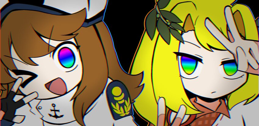 &gt;_o 2girls :/ anchor_print black_background black_gloves blonde_hair brown_hair coat commentary_request double_v expressionless feza_(wonderful_waking_world) fingerless_gloves gloves half-closed_eyes hand_up hands_up high_collar highres kouzui_nua laurel_crown long_hair looking_at_viewer multicolored_eyes multiple_girls needy_girl_overdose one_eye_closed open_mouth parody portrait priswocaer rainbow_eyes shoulder_boards side-by-side sidelocks simple_background smile touhou v w w_over_eye white_coat wonderful_waking_world