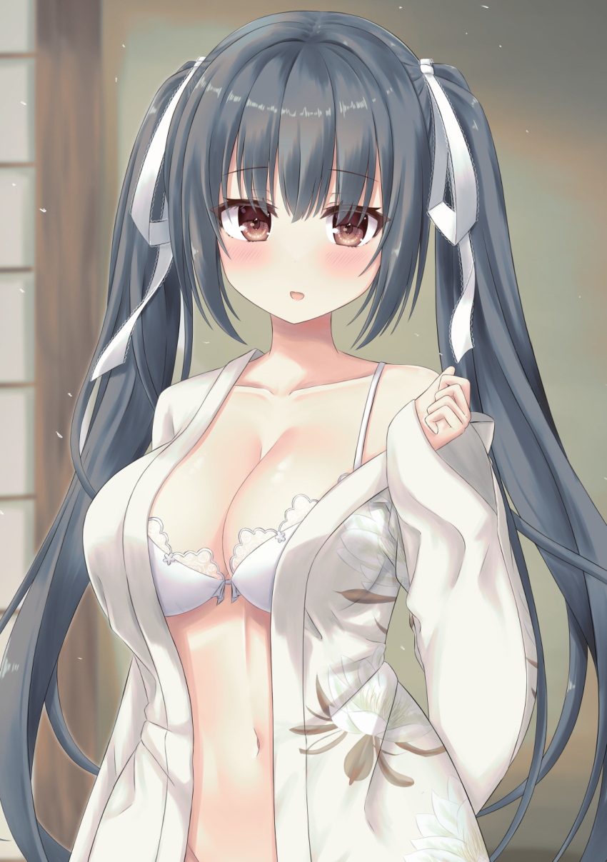 1girl arm_at_side black_hair blush bra breasts brown_eyes cleavage collarbone commentary eyelashes floral_print floral_print_kimono hair_between_eyes hair_ribbon hand_up highres honma_misuzu indoors japanese_clothes kimono lace lace-trimmed_ribbon lace_trim large_breasts long_hair long_sleeves looking_at_viewer navel open_clothes open_kimono open_mouth print_kimono ribbon sakura_no_toki sakura_no_uta sidelocks single_bare_shoulder smile solo straight_hair tsurime twintails underwear upper_body very_long_hair white_bra white_kimono white_ribbon wide_sleeves yuunagi_(yunagi1373)