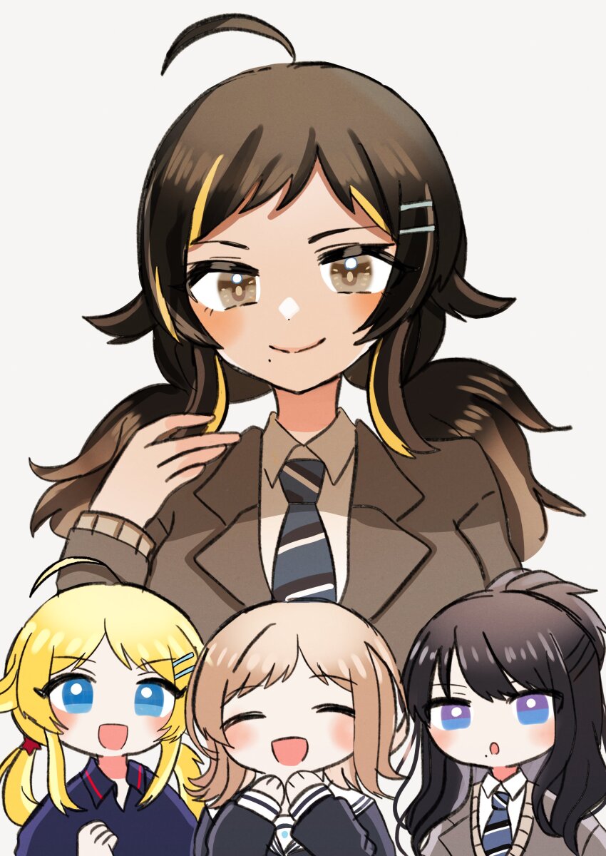 4girls :d :o ^_^ absurdres ahoge black_hair blazer blonde_hair blush closed_eyes fusion grey_jacket hachimiya_meguru hair_flaps highres idolmaster idolmaster_shiny_colors illumination_stars_(idolmaster) jacket kazano_hiori long_hair long_sleeves looking_at_viewer mole mole_under_mouth multicolored_hair multiple_girls open_mouth rurugreen sakuragi_mano sakurakazamiya_himeno school_uniform simple_background smile streaked_hair twintails upper_body white_background