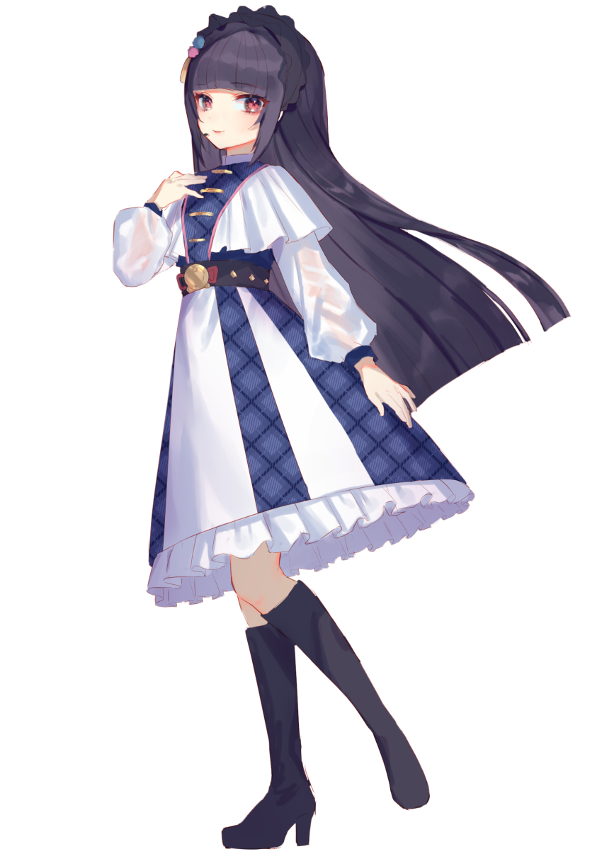 1girl absurdres alternate_costume black_footwear black_hair black_socks blue_dress blunt_bangs commentary_request dress full_body genshin_impact hair_ornament hand_on_own_chest harushio highres idol kneehighs long_hair long_sleeves platform_footwear platform_heels red_eyes see-through_clothes see-through_sleeves simple_background socks solo standing tachi-e two-tone_dress white_background white_dress yun_jin_(genshin_impact)