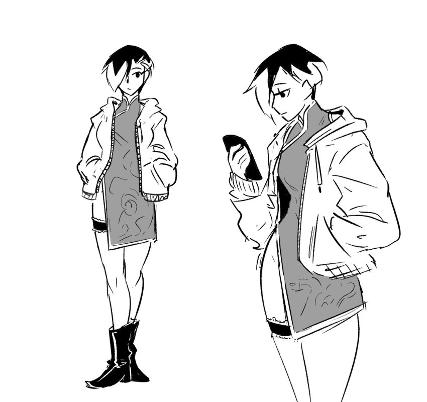 1girl black_hair boots breasts cellphone china_dress chinese_clothes closed_mouth coat commentary drawstring dress english_commentary full_body garter_straps greyscale groin hair_over_one_eye hand_in_pocket highres holding holding_phone hood hood_down hooded_jacket hoodie jacket long_sleeves looking_at_viewer monochrome multiple_views open_clothes open_jacket original phone shoes short_hair simple_background spicymancer standing white_background white_hair