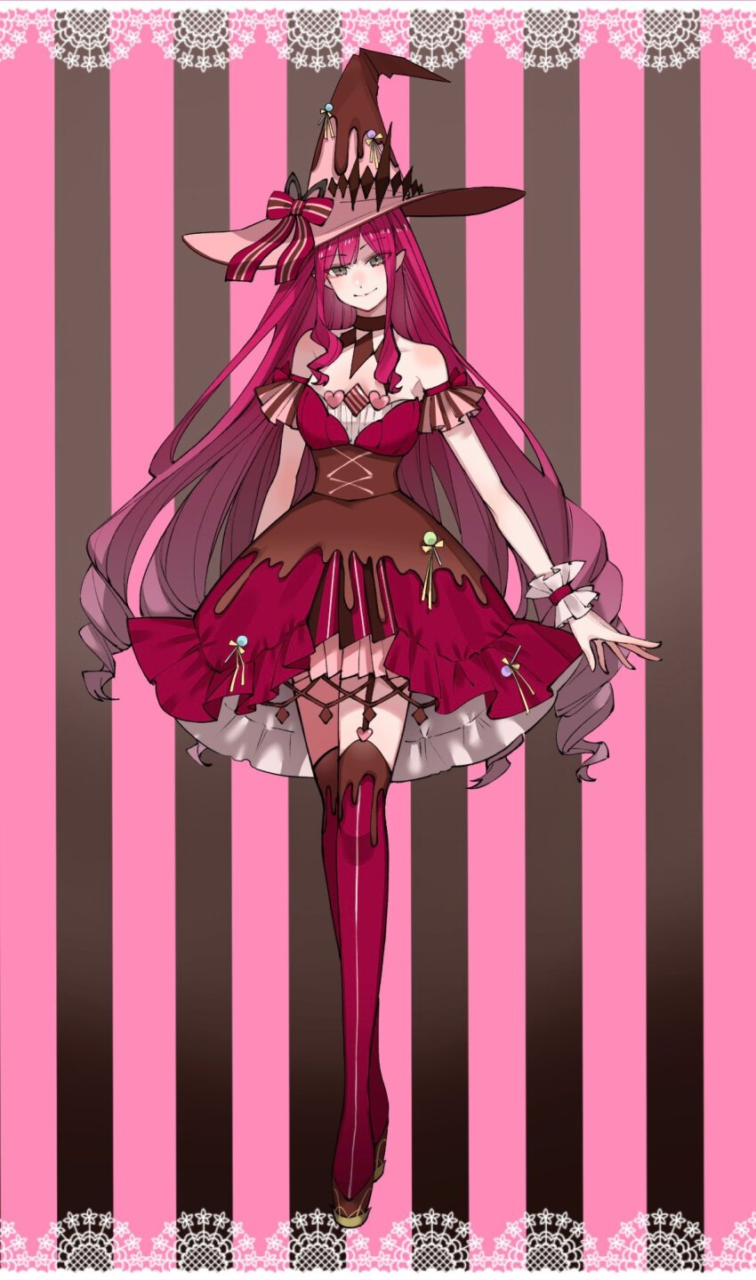 1girl baobhan_sith_(fate) baobhan_sith_(valentine_witches)_(fate) dress euhage73 fate/grand_order fate_(series) full_body green_eyes hair_between_eyes hat highres long_hair looking_at_viewer pink_hair pointy_ears smile solo standing witch_hat